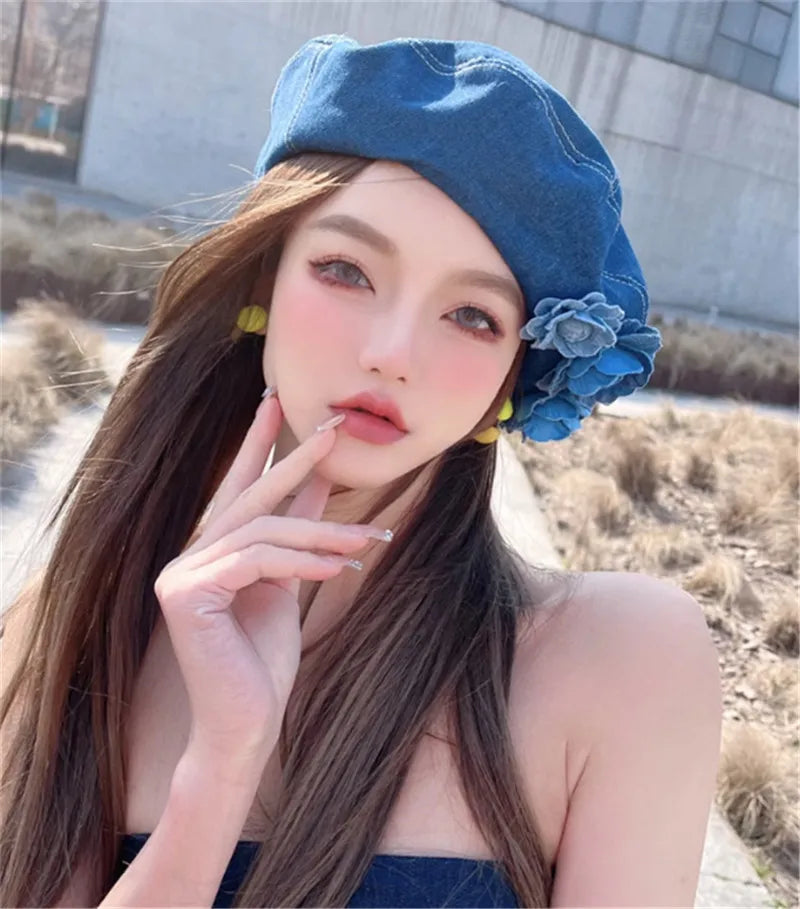 Women’s Soft Cotton Denim Flower Beret Designer Style High Street Leisure Octagonal Cap - Pretty Miss Plus