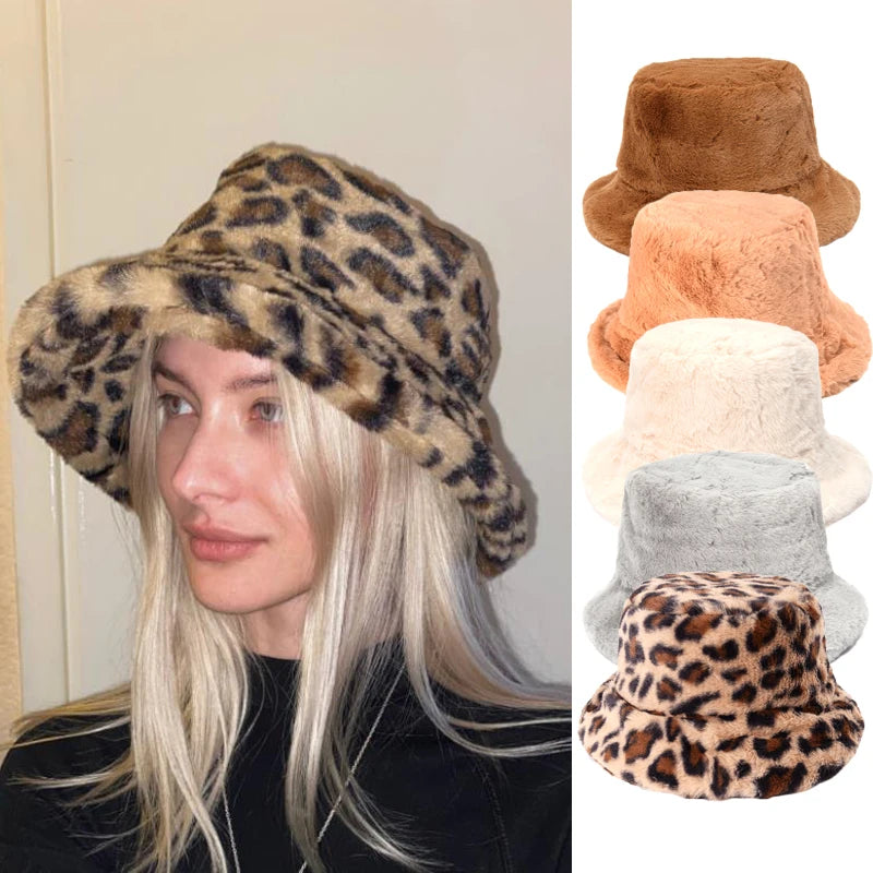 Women’s Leopard Print Adjustable Plush Fur Bucket Hat