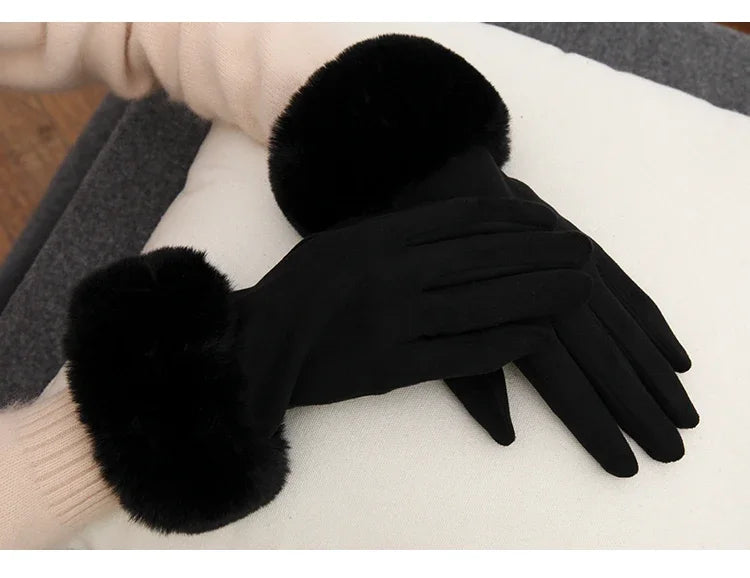 Women’s Warm Faux Suede Leather Touch Screen Gloves With Faux Rabbit Fur Trim And Velvet Lining