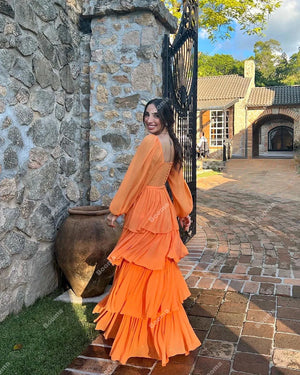 Plus Size Women’s Orange Chiffon Square Neck Long Sleeves Tiered Ruffles Tulle Floor Length Party Gown