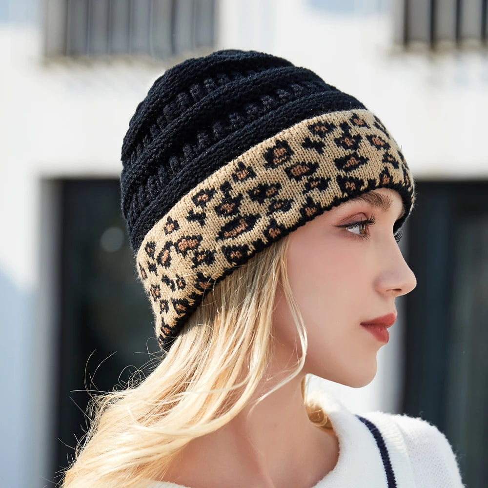 Leopard Trim Beanie Stretch Knitted Crochet In 10 Colors Winter Hats For Women Warm