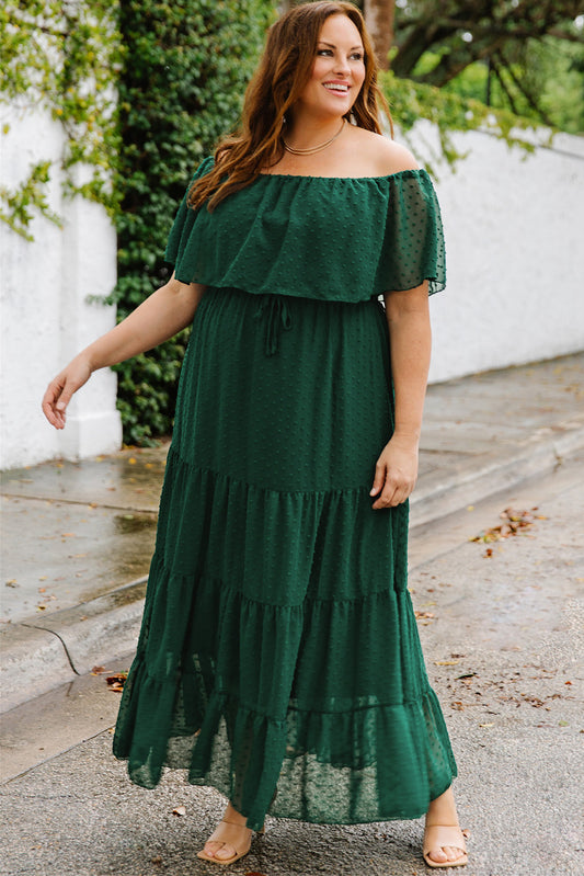 Plus Size Dotted Swiss Off-Shoulder Tiered Dress